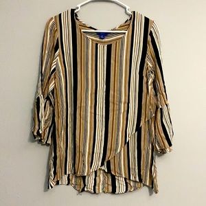 APT 9 Brown and Black Stripped 3/4 Sleeve Dress Shirt Size Medium
